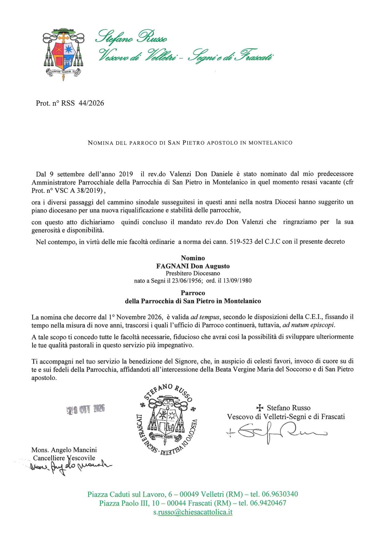 Nomina del parroco di San Pietro in Montelanico