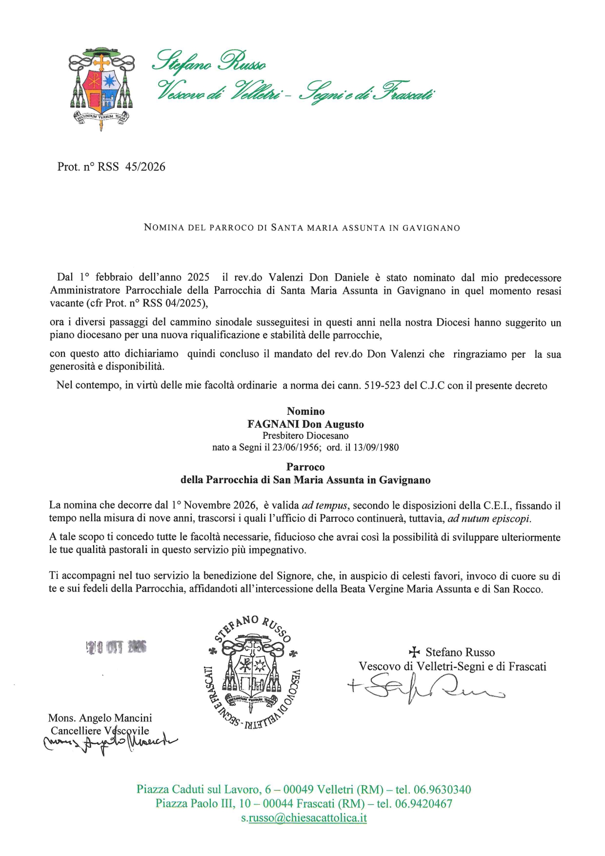 Nomina del parroco di Santa Maria Assunta in Gavignano