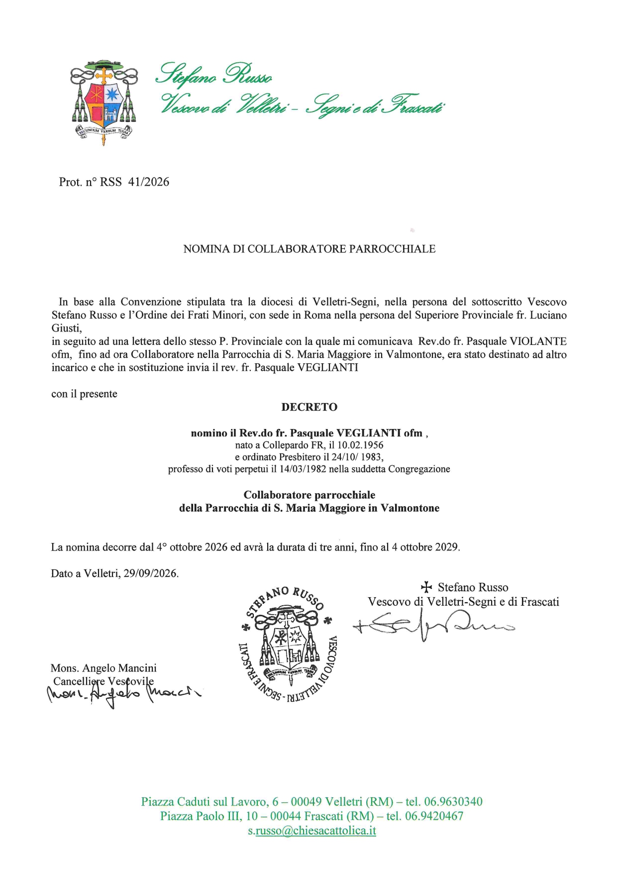 Nomina del collaboratore parrocchiale di Santa Maria Maggiore in Valmontone